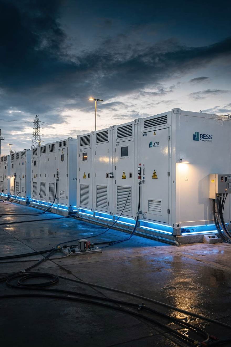Sistema BESS em contêineres ao entardecer, com iluminação técnica azul