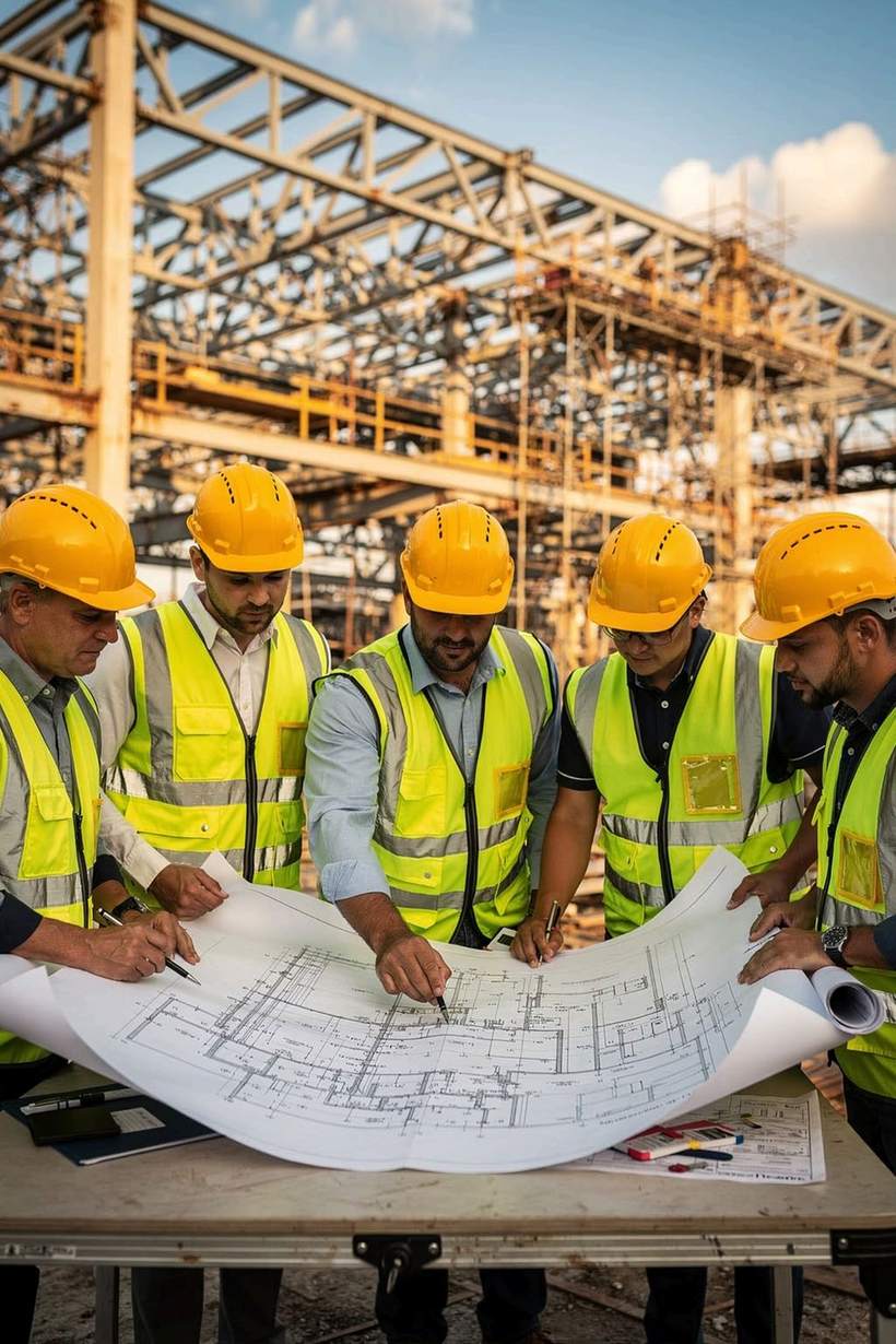 Engenheiros de capacete revisando plantas técnicas em canteiro de obras