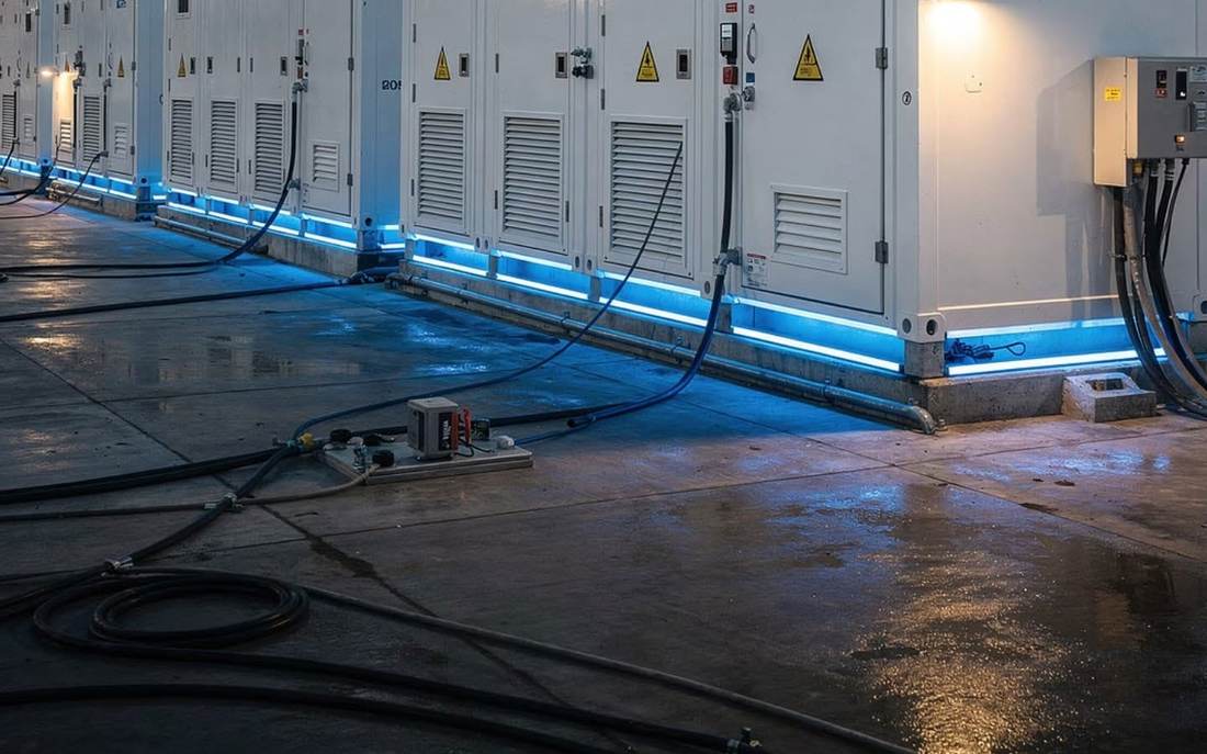 Base de unidades BESS com iluminação de status em operação noturna
