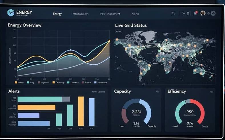 Painel de monitoramento com visão geral de energia e status da rede em tempo real