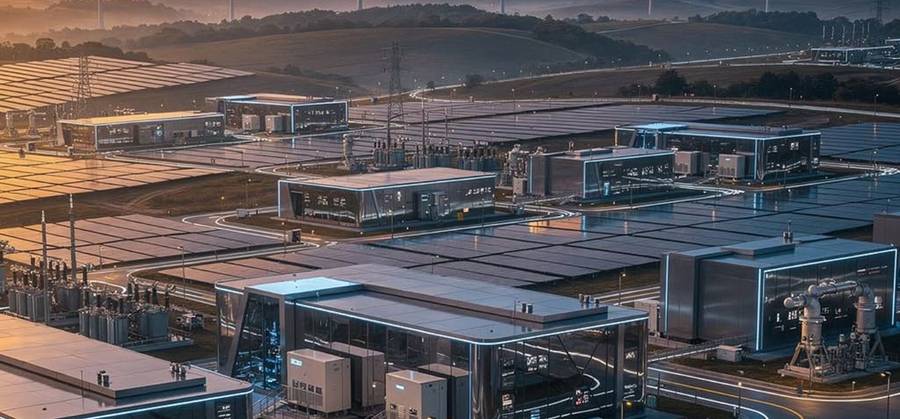 Vista aérea de complexo industrial com usinas solares, subestações e turbinas eólicas ao entardecer